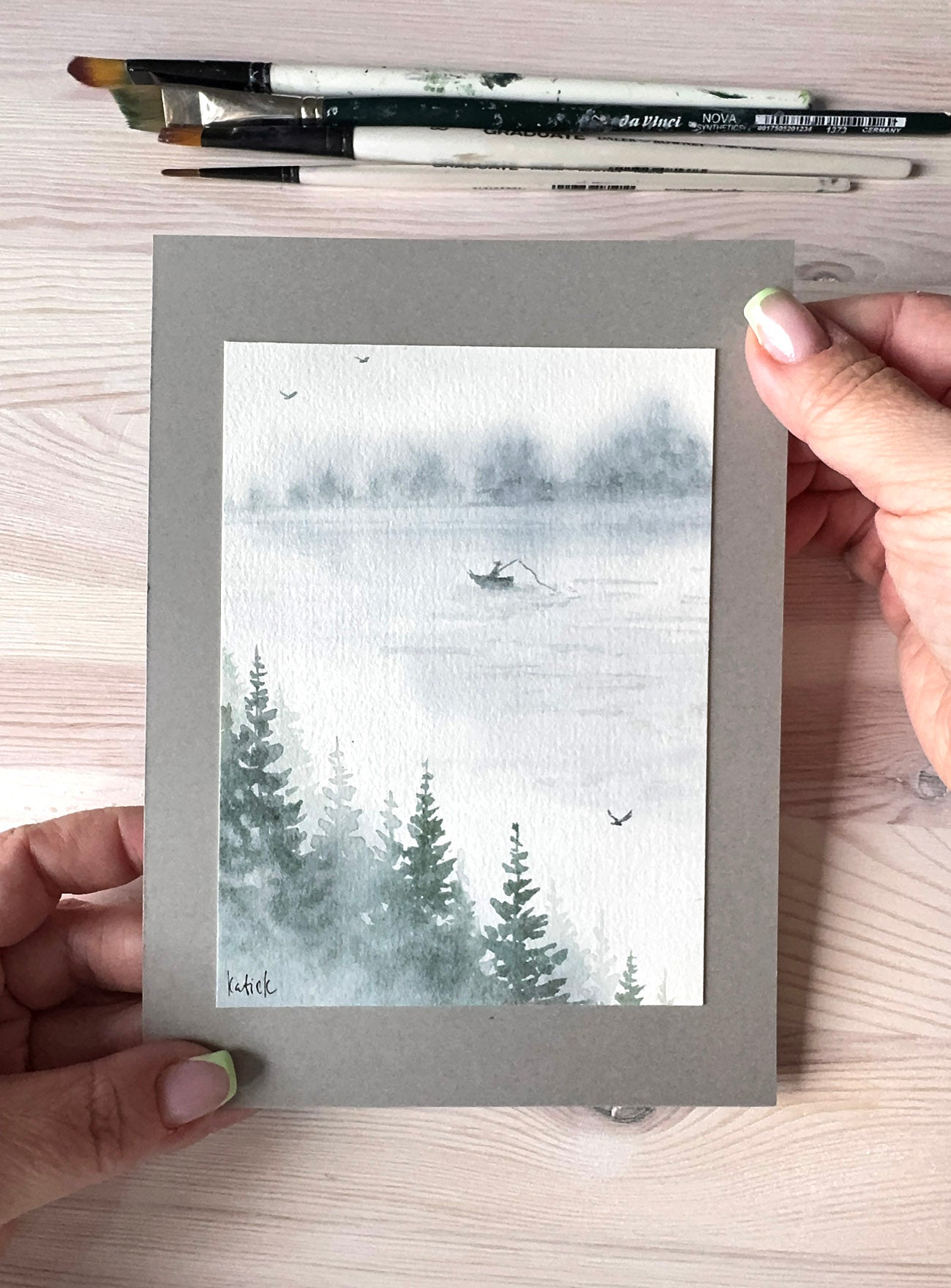 Small watercolor fishing scene painting