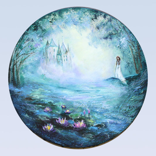 Fantasy scene with a castle, lily pads, and a ghost maiden woman on a blue background
