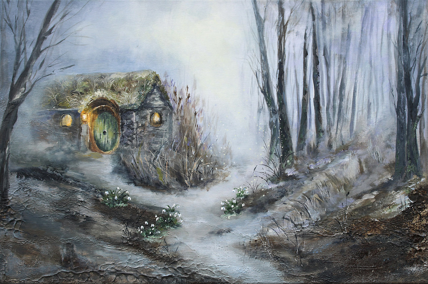 Hobbit hole in a forest with foggy atmosphere original painting
