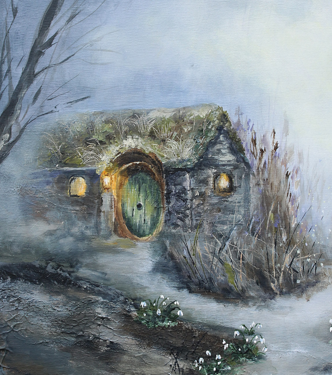 Hobbit hole original painting in a snowy landscape with a warm light inside
