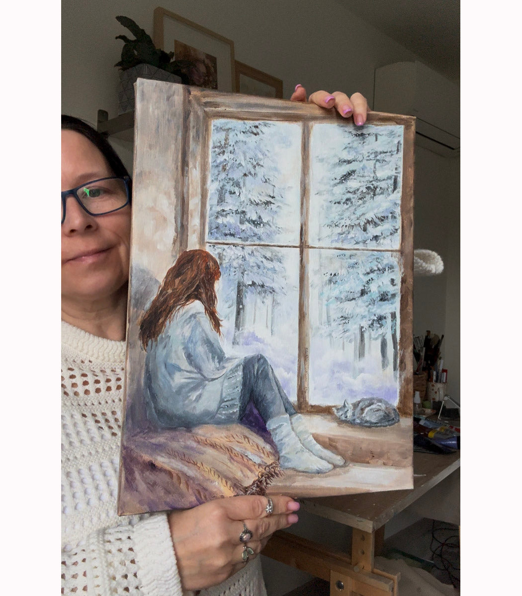 Cozy winter painting with a girl with a sleeping cat by the window