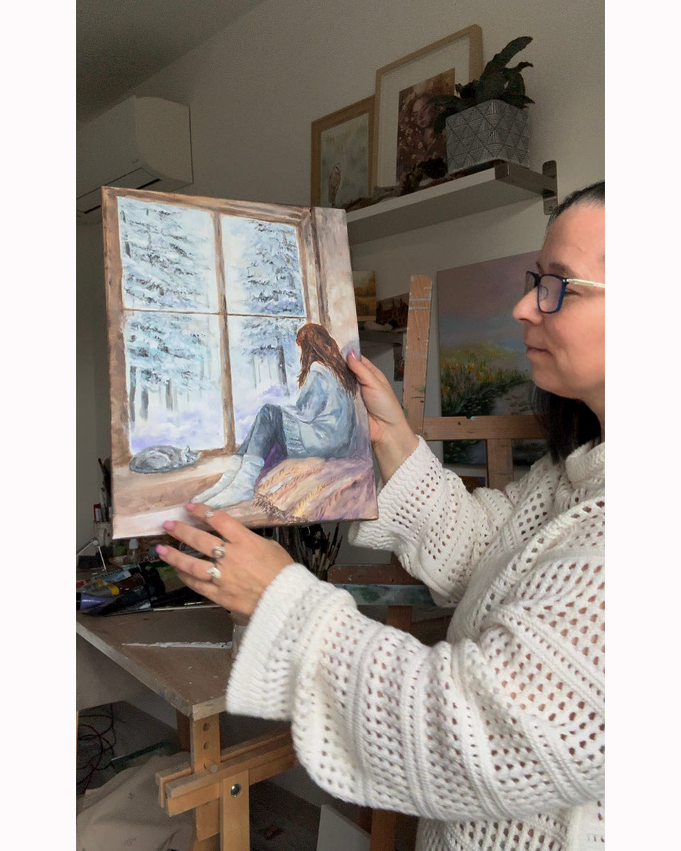 Cozy winter painting with a girl with a sleeping cat by the window