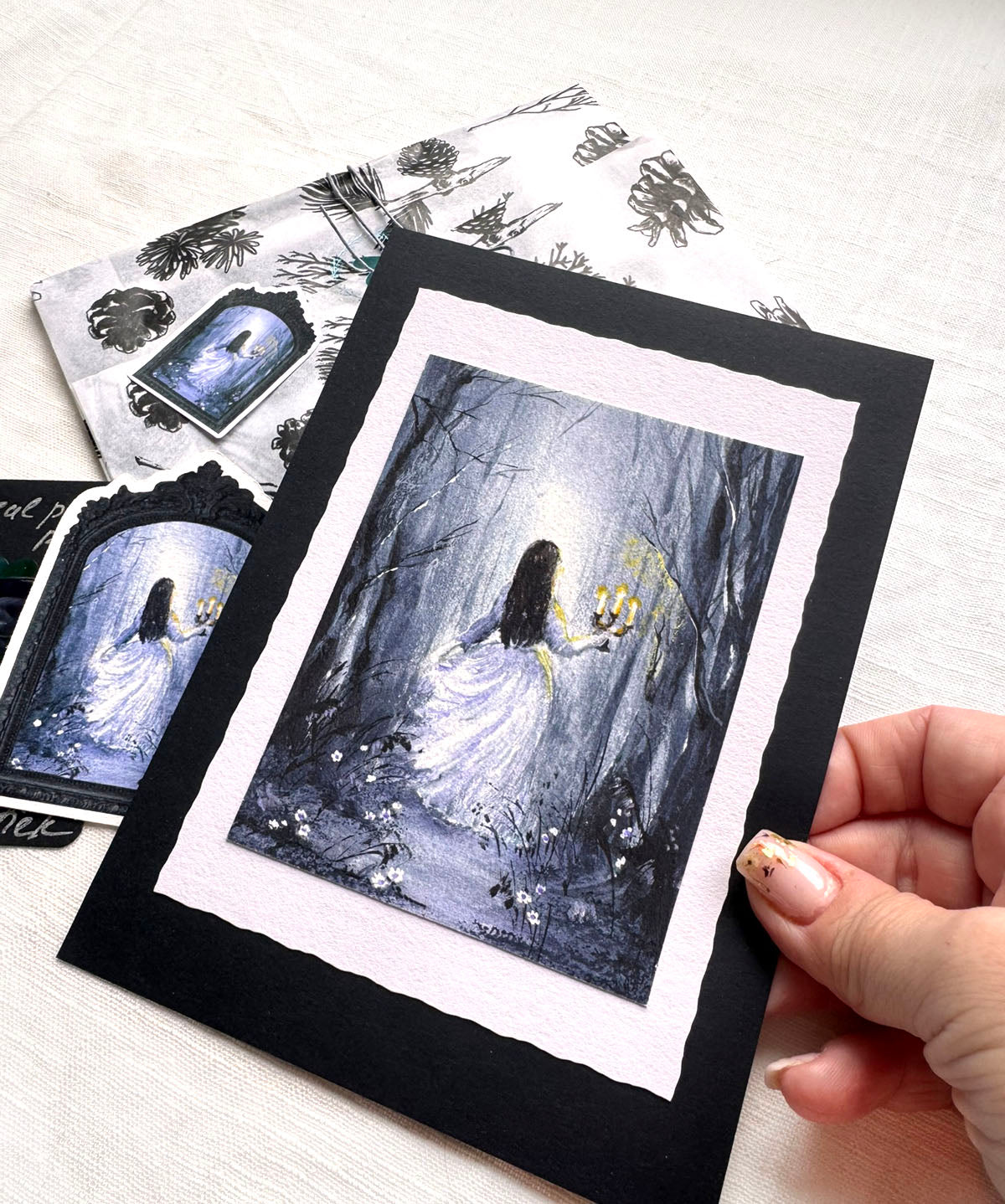 Girl with the candle in the dark wood fine art print on archival paper