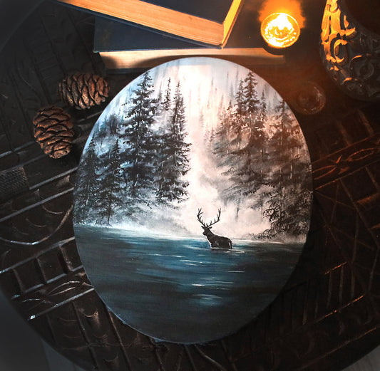 Mystical forest painting featuring a lone stag standing in misty teal water. Atmospheric woodland art with fog, depth, and a serene, enchanted mood.
