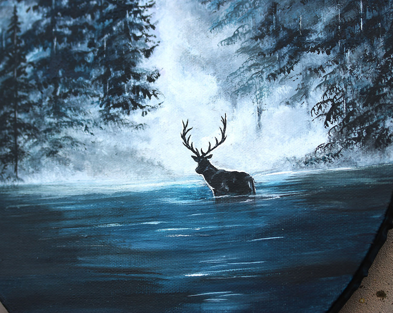 Painting of a deer in a forest with a large water splash