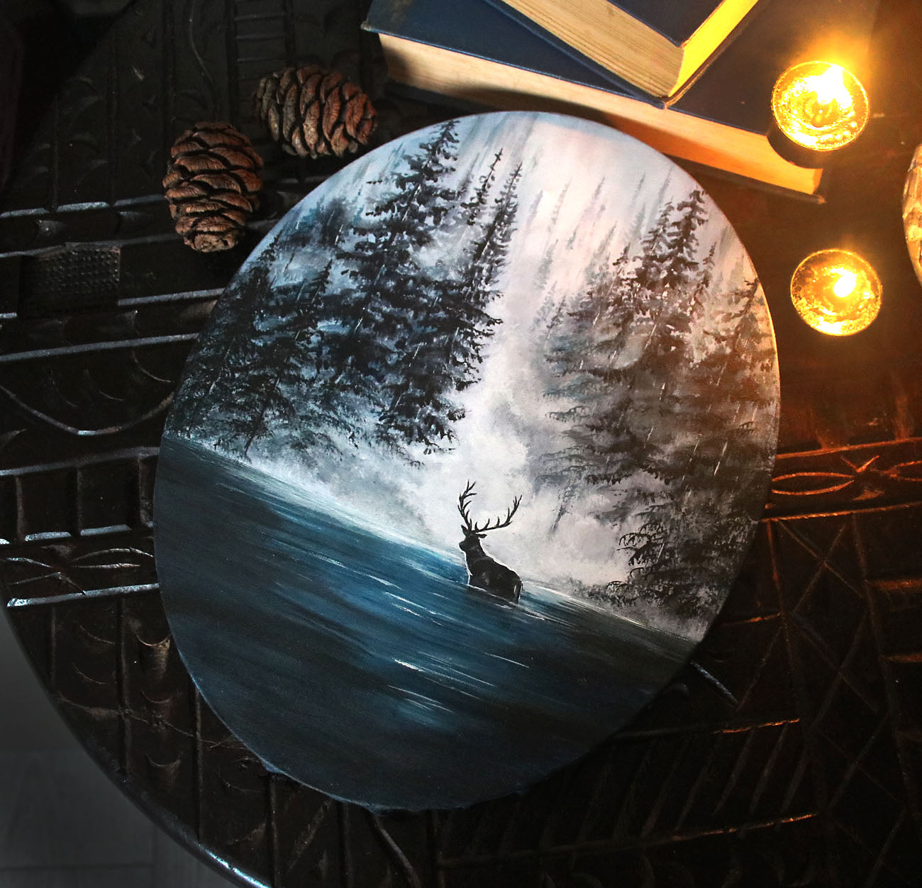 Mystical forest painting featuring a lone stag standing in misty teal water. Atmospheric woodland art with fog, depth, and a serene, enchanted mood.