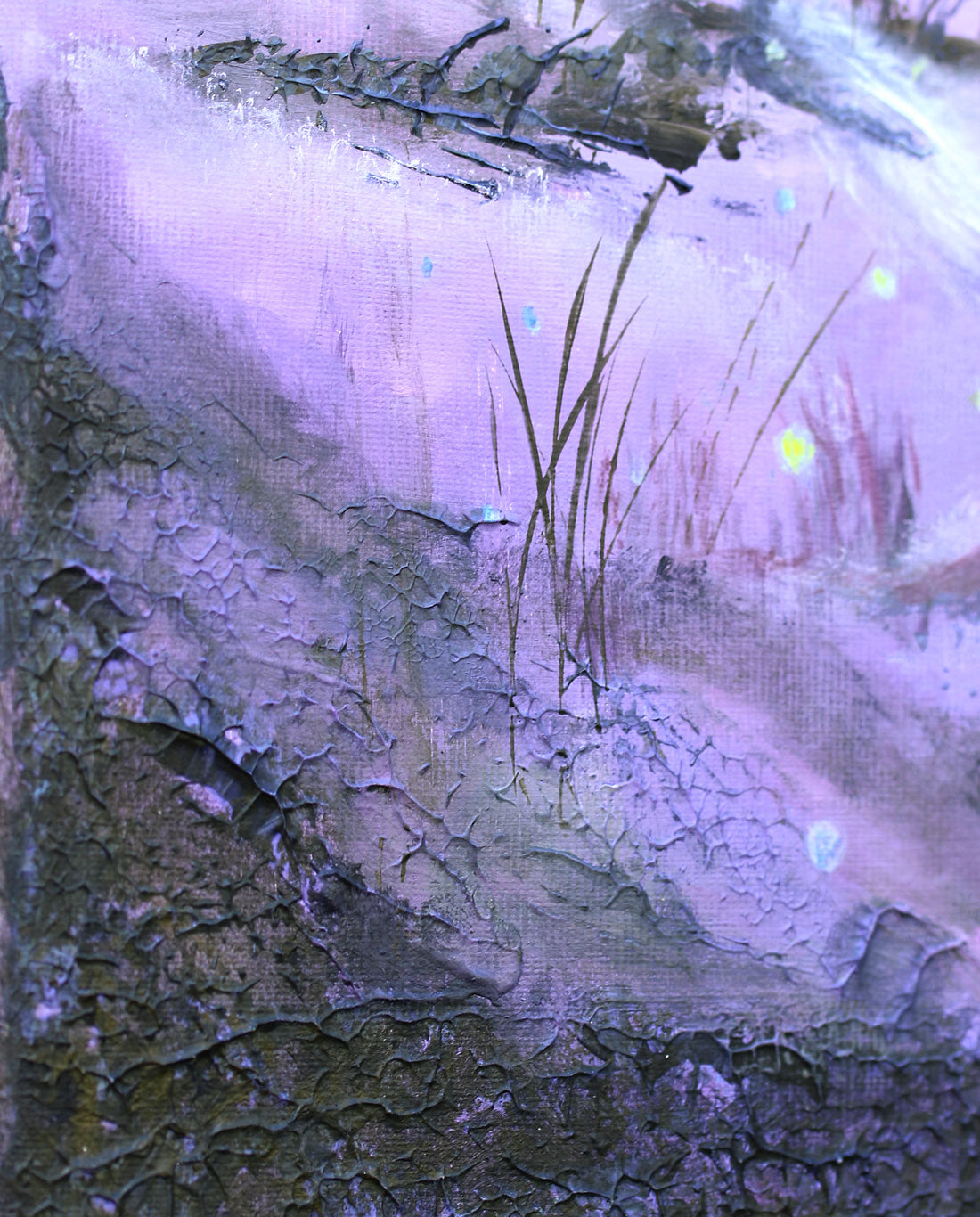 Abstract textured painting with layered lavender, lilac, gray, and brown brushstrokes, including a few small iridescent dots and dark linear details.