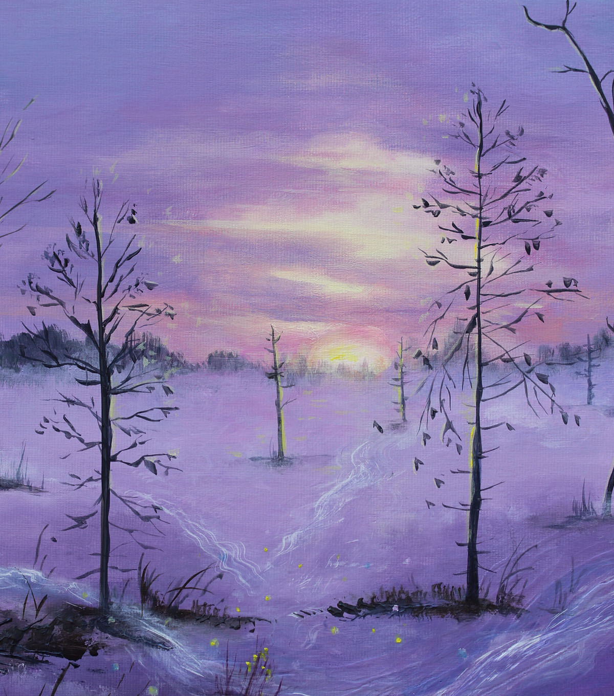 A painted winter landscape in soft purple, lavender, and pink tones, showing bare trees in a snowy field at sunset or sunrise.