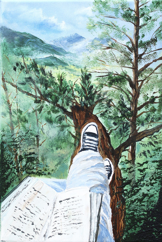 Escape into Nature and Pages – Original Acrylic Painting of Reading in the Pines