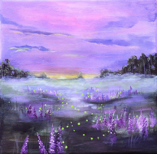 A painting of a misty meadow at dusk with fireflies, with purple and lavender flowers in the foreground, dark tree silhouettes on both sides, and a pink, purple, and blue sky above.