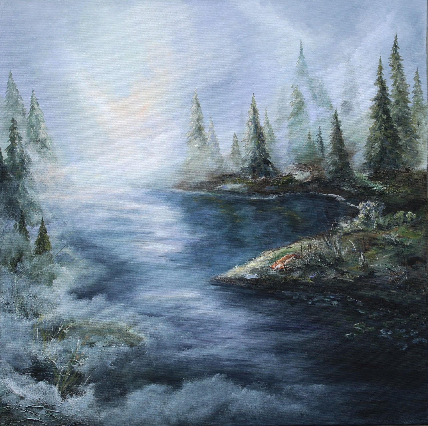 Statement Painting of a serene forest scene with a river and misty atmosphere.