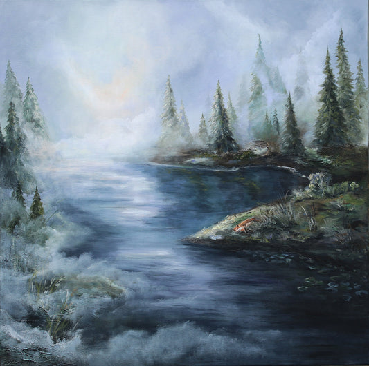 Statement Painting of a serene forest scene with a river and misty atmosphere.