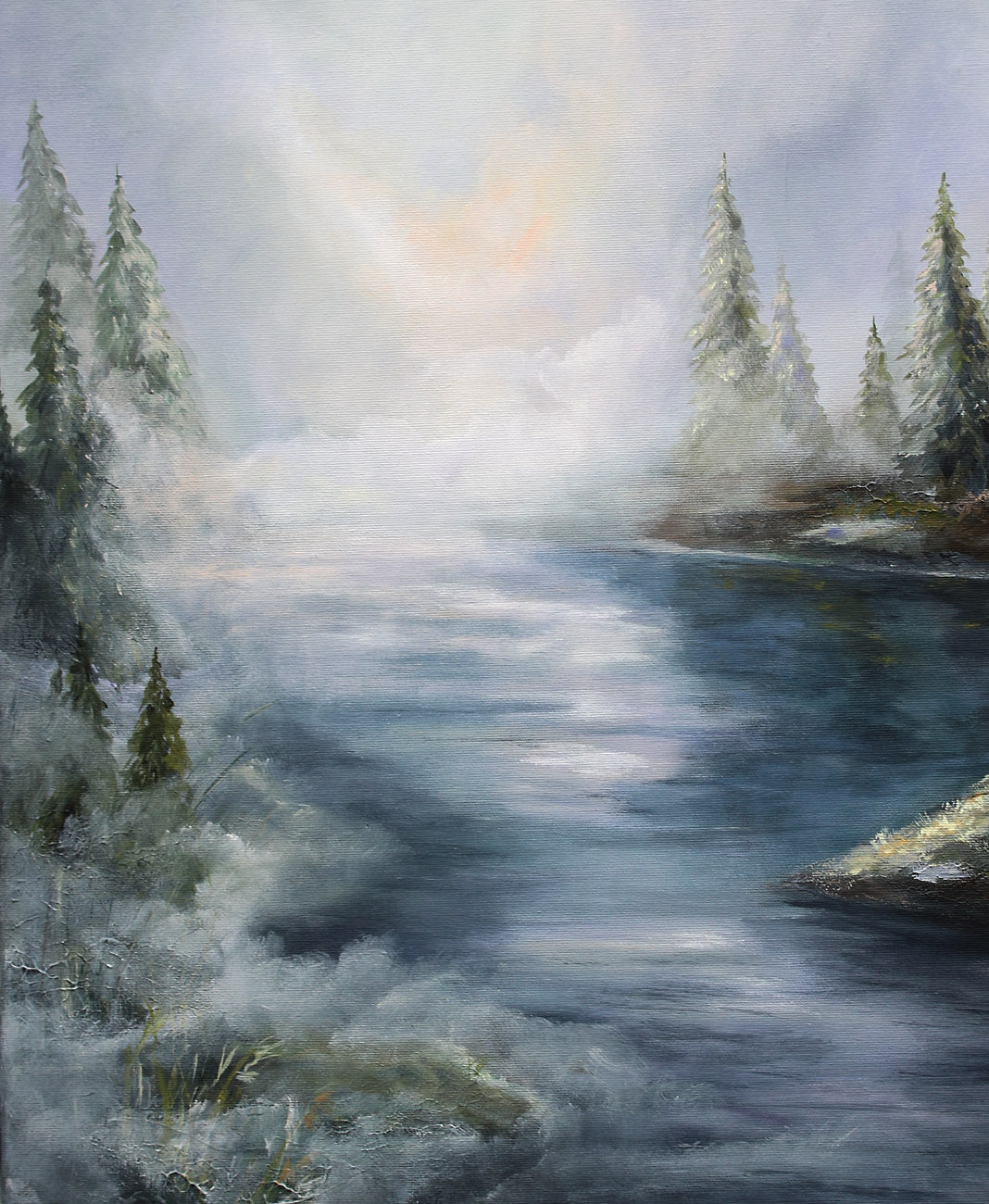 Painting of a serene landscape with a river flowing through a forest.