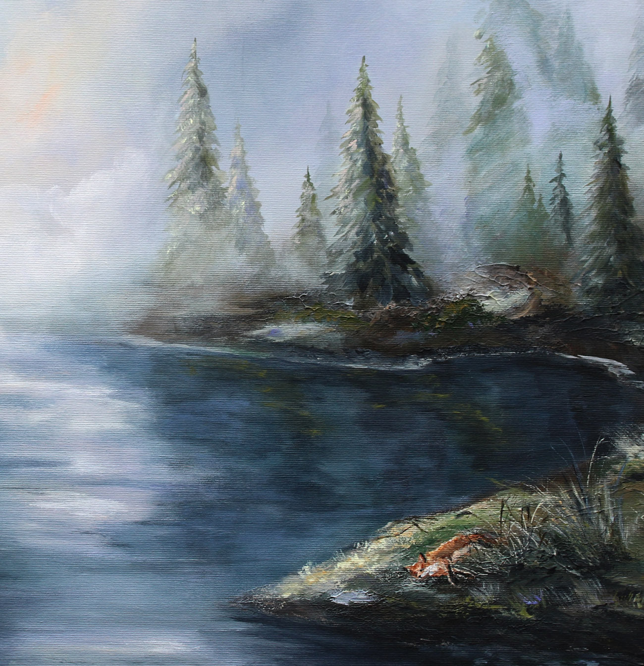 Painting of a forest scene with trees and a river