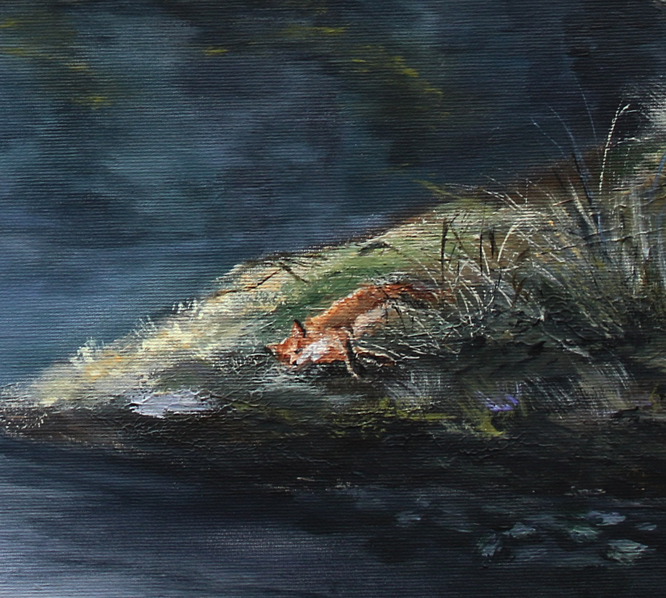 Painting of a fox lying on a log in a forest setting
