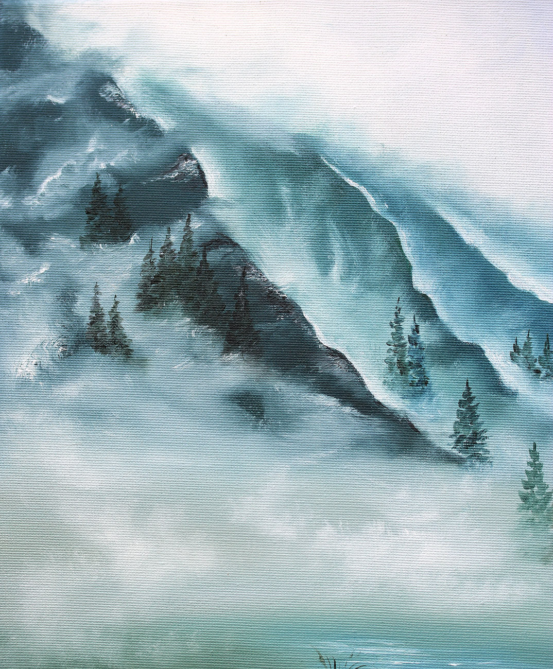 Artistic depiction of a mountain landscape with trees and water.