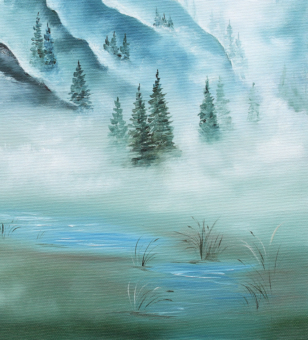 Painting of a serene landscape with trees, water, and mountains.