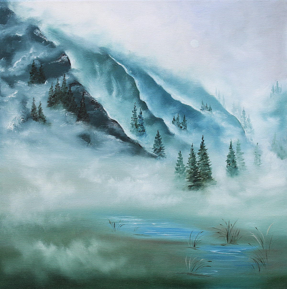 oil landscape painting in cool blue green colors