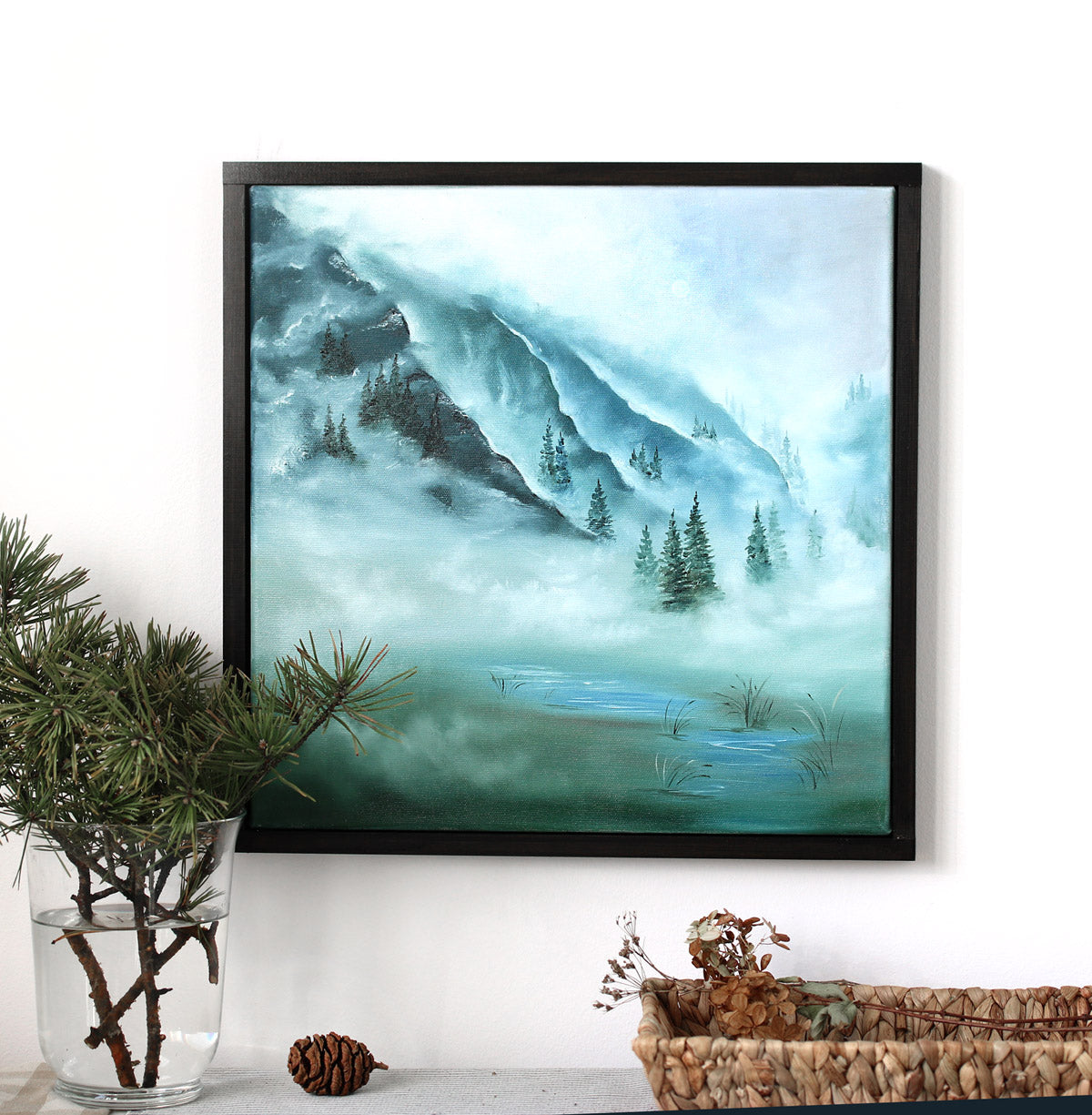 Framed oil landscape painting in cool blue green colors