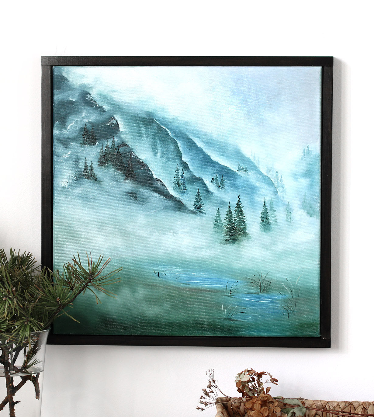 Framed oil landscape painting in cool blue green colors