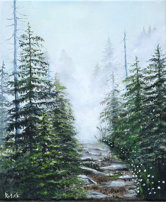 Forest road through fog 25x30cm