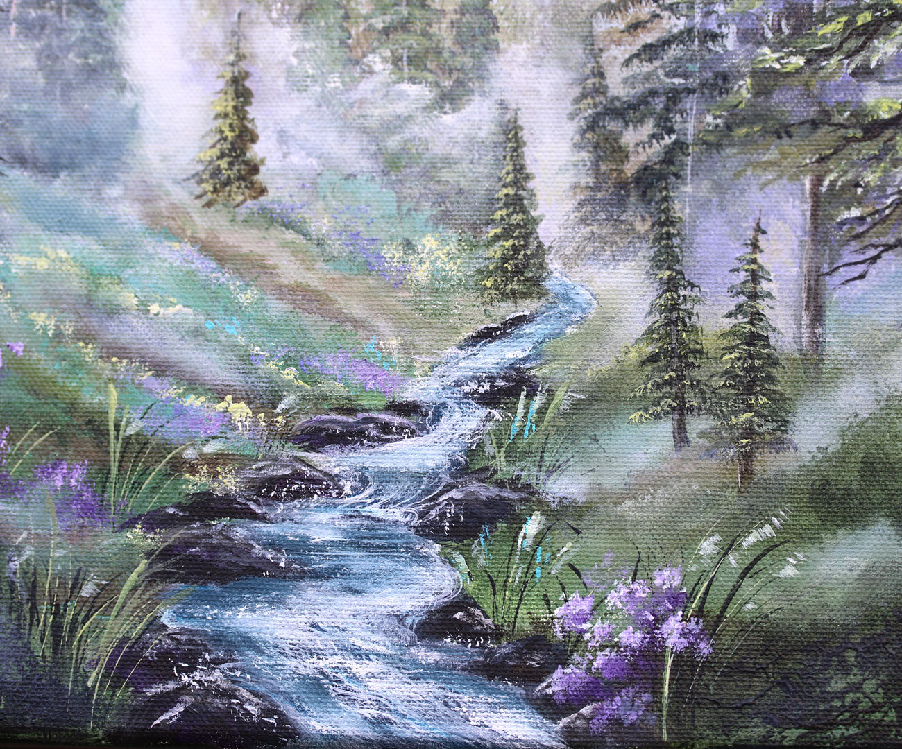 Original forest landscape painting with a misty stream, pine trees, and wildflowers by Katie Koroleva.