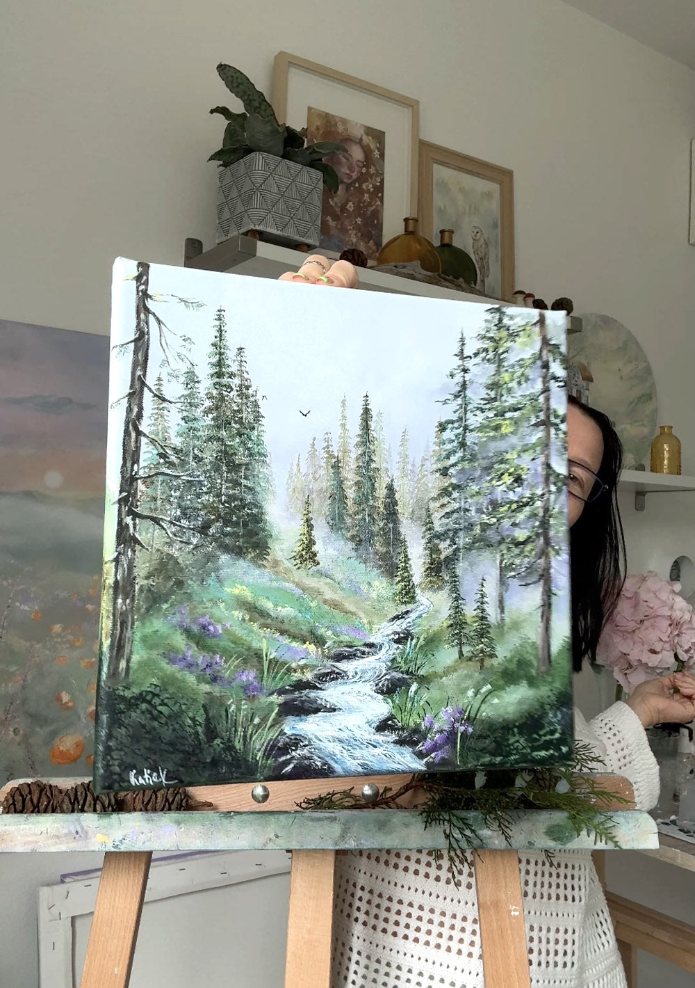 Forest stream painting with pine trees