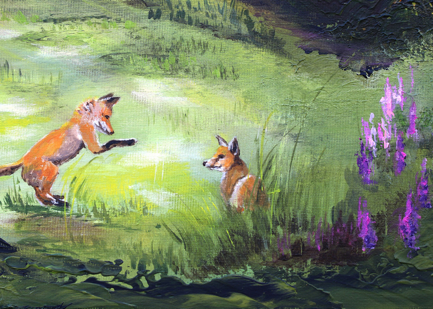 An impressionistic painting of two foxes in a grassy field with purple flowers. One fox is leaping on the left, and the other is sitting on the right.