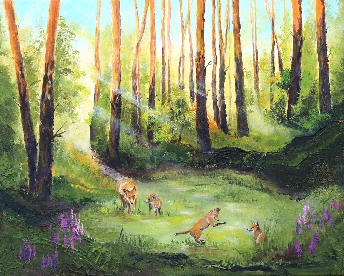 A painted forest scene with tall trees, sunlight streaming through the woods, and several foxes in a grassy clearing with purple flowers in the foreground.