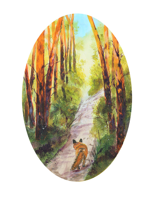 An oval painting of a fox walking along a path through a forest of tall orange-brown trees, shown on a white background.