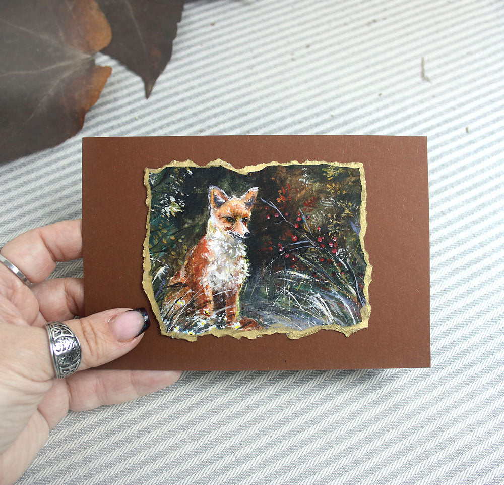 Artisan hand decked art print with fox in the autumn scenery