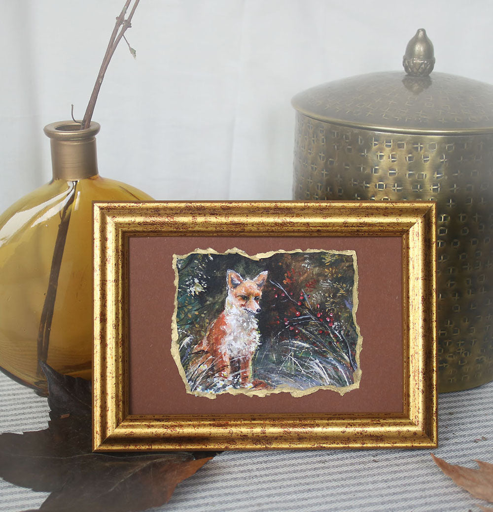 Artisan hand decked framed art print with fox in the autumn scenery