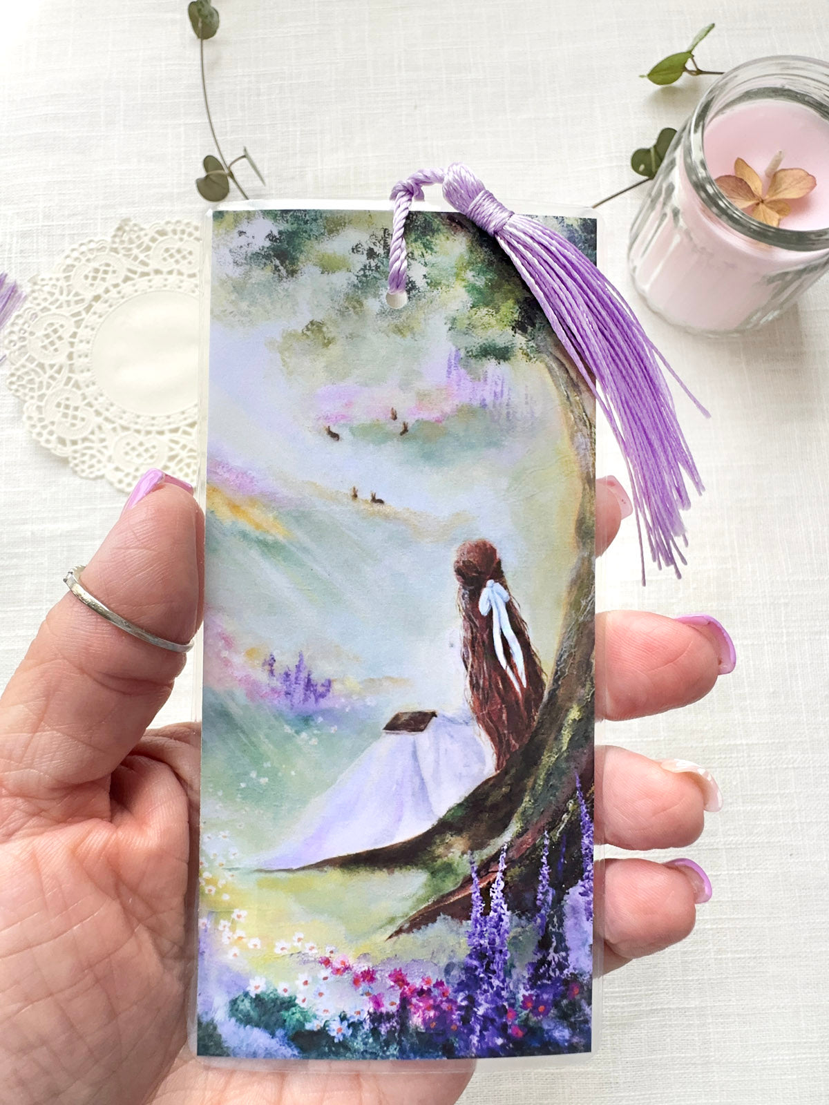 Art bookmarks reading girl among blooming wildflowers