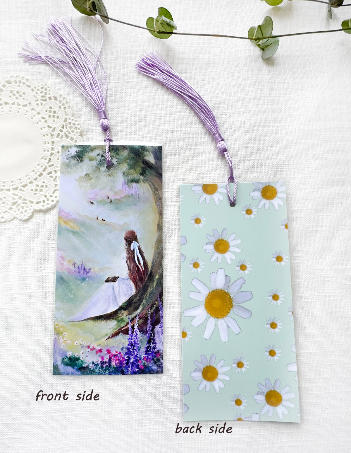 Art bookmarks reading girl among blooming wildflowers