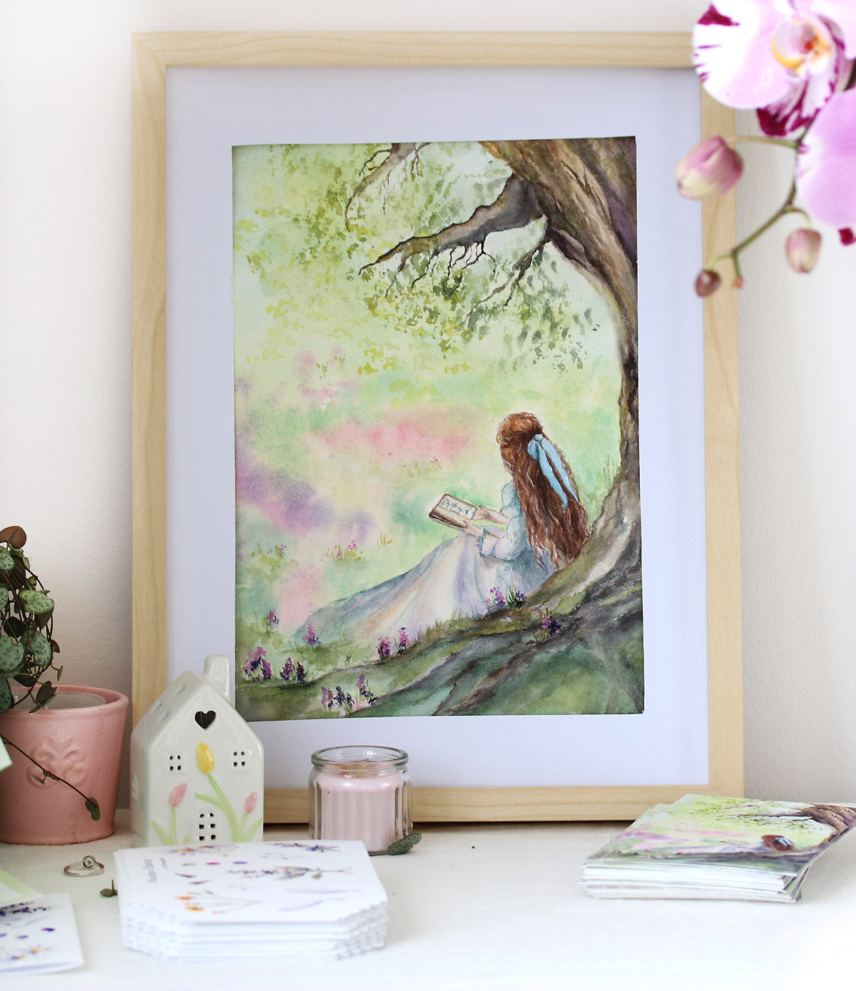 Original watercolor painting Girl reading under the tree