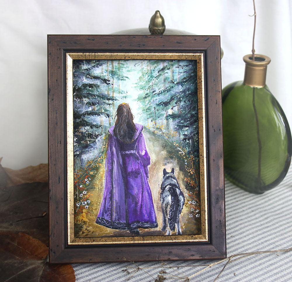 Girl with the wolf original painting framed art