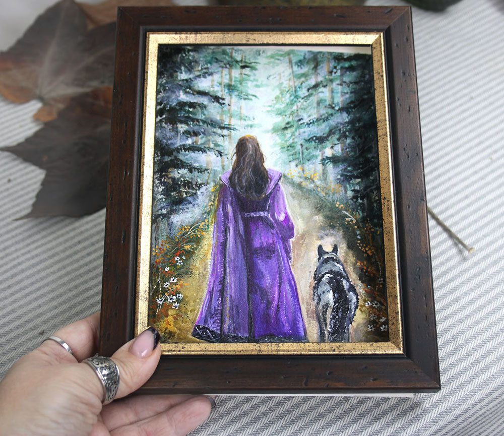 Girl with the wolf original painting framed art