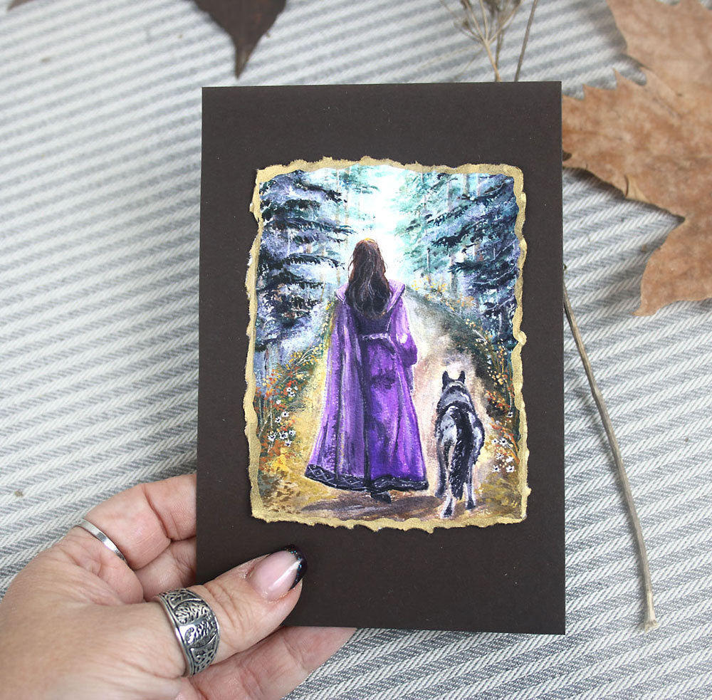 Art print Girl with the wolf forest scene, hand decked edge painted in gold