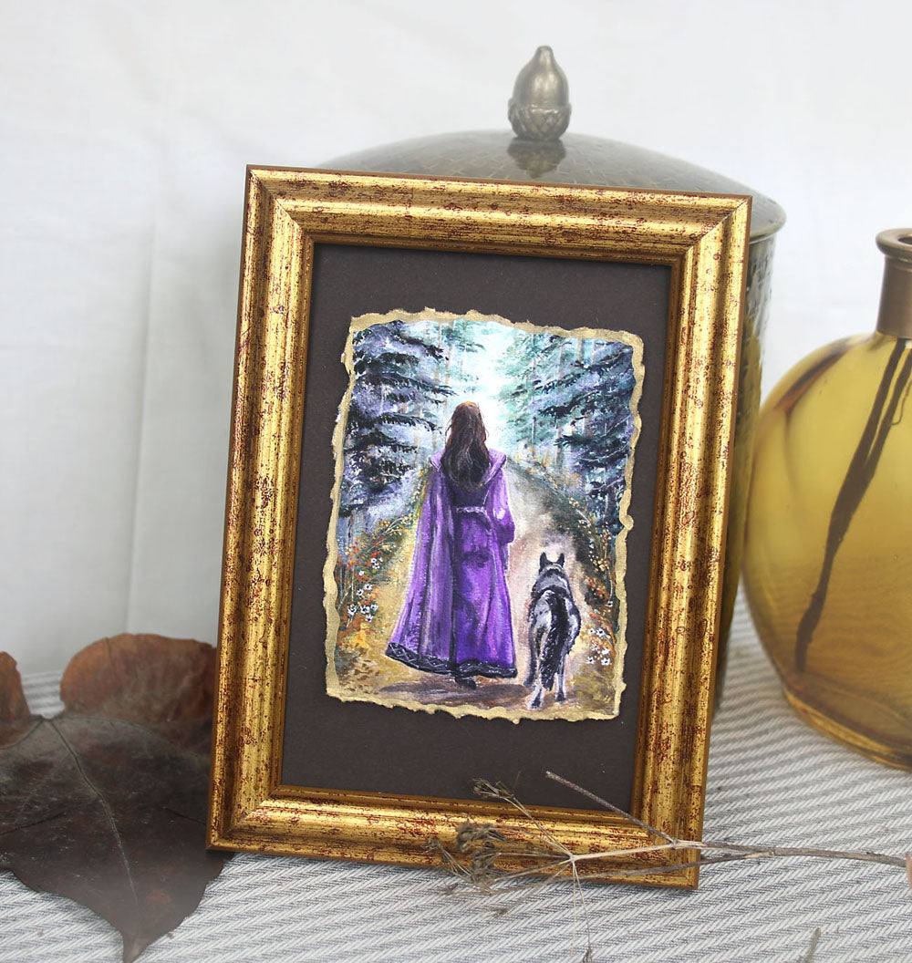 Framed Art print Girl with the wolf forest scene, hand decked edge painted in gold