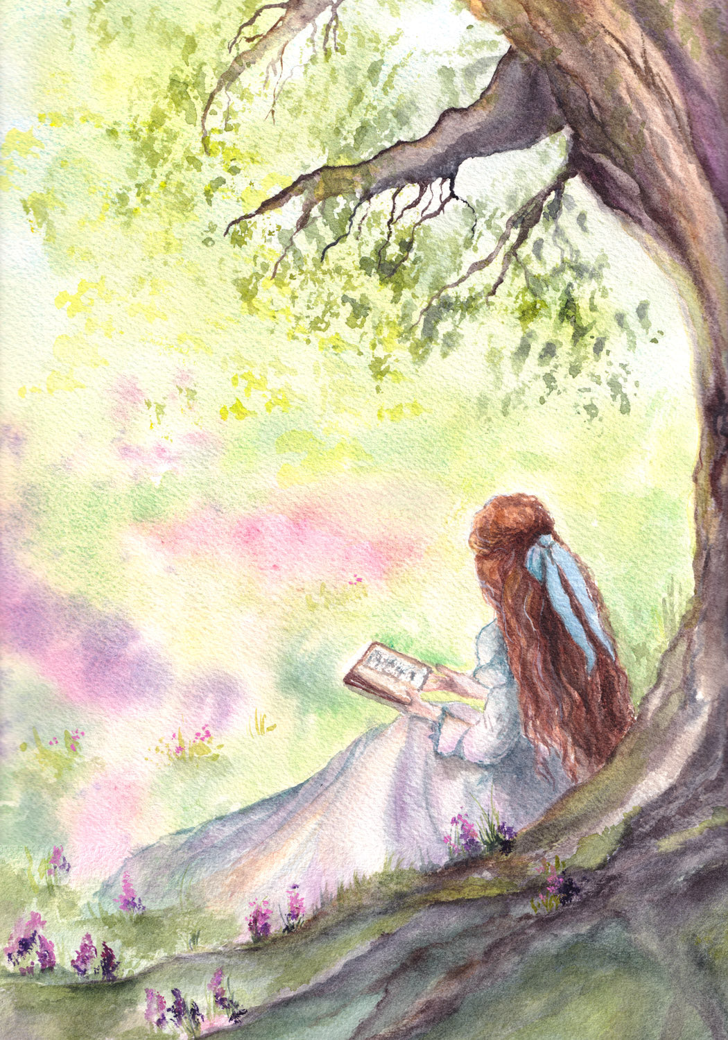 Original watercolor painting Girl reading under the tree