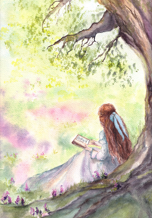 Original watercolor painting Girl reading under the tree