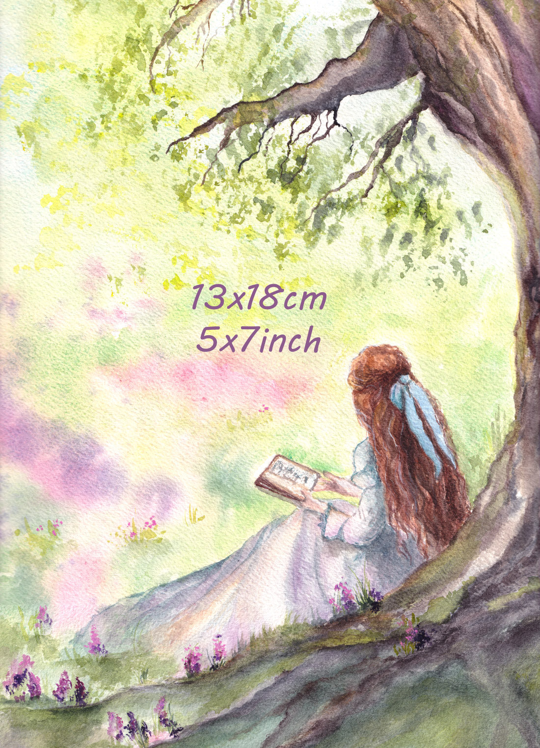 Fine art print of original watercolor painting Girl reading under the tree