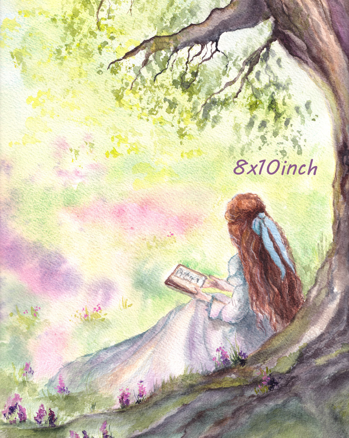 Fine art print of original watercolor painting Girl reading under the tree
