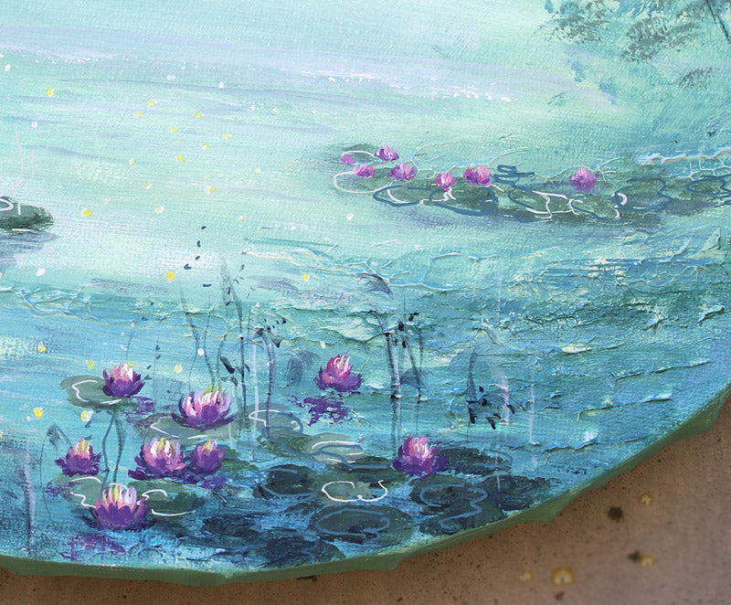 Artistic depiction of a pond with purple water lilies