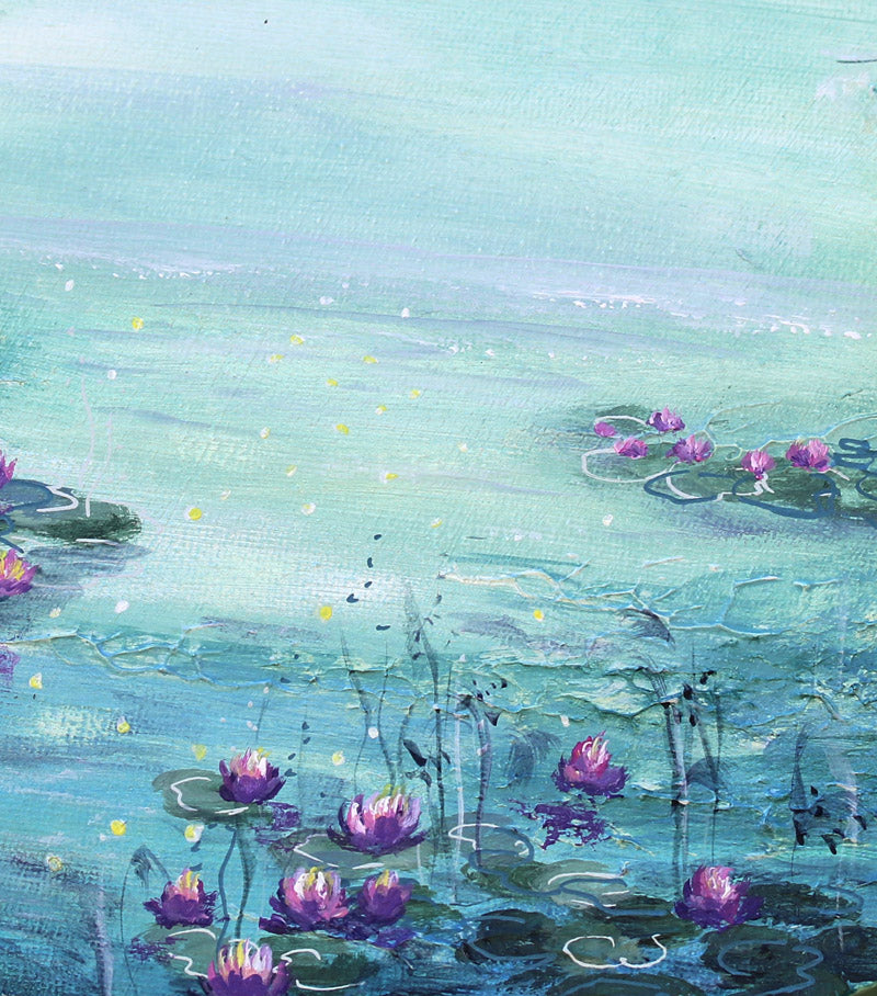 Painting of purple water lilies on a blue water surface Monet's style