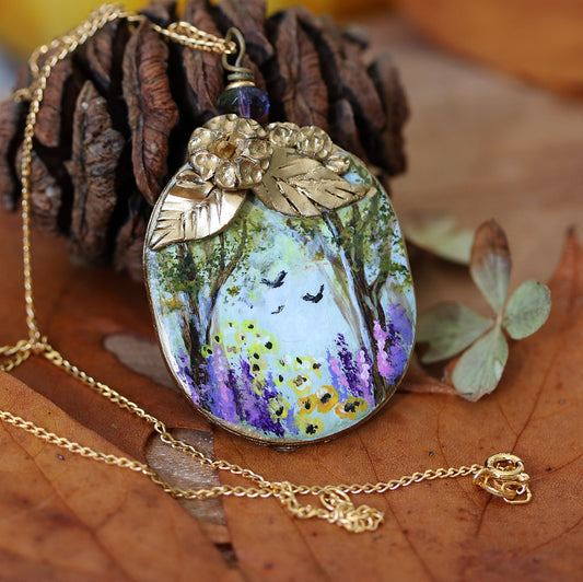 Hand painted art necklace with wild flowers blooming scene in a forest by KorolevaArt