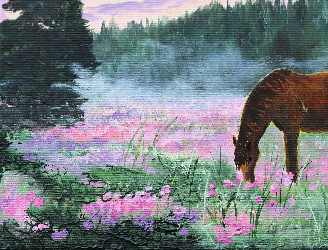 A painted landscape scene showing a brown horse grazing in a field of pink and purple flowers, with misty trees and a pink-purple sky in the background.
