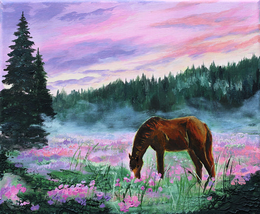 A painted landscape scene showing a brown horse grazing in a field of pink and purple flowers, with misty trees and a pink-purple sky in the background.