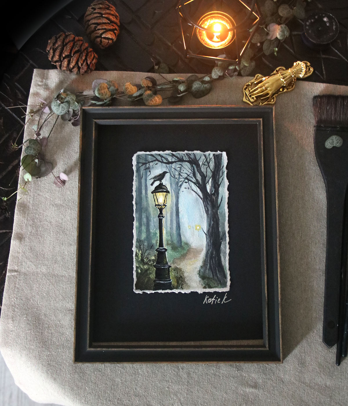 Black raven on a street lantern original small painting