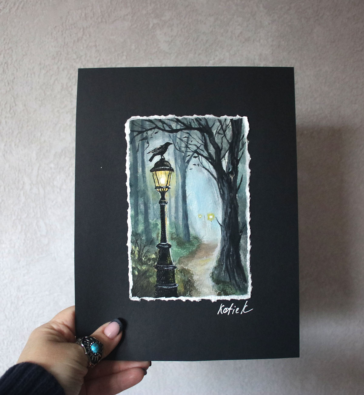 Black raven on a street lantern original small painting